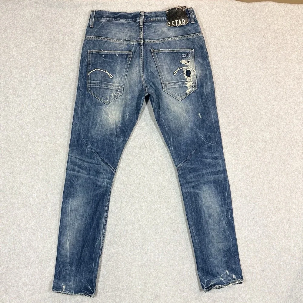 G-Star Raw 3301 Morris Tapered Mens Jeans 32x32 Distressed Thrash Aged Italy - Picture 4 of 10